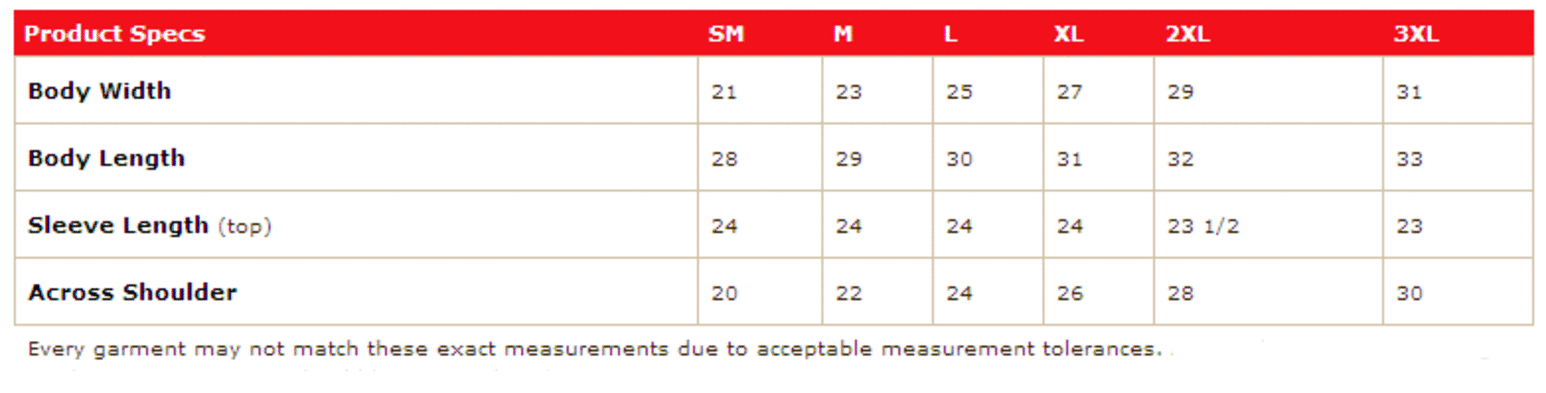 Size chart for a F170 Hanes Pullover Hooded Sweatshirt