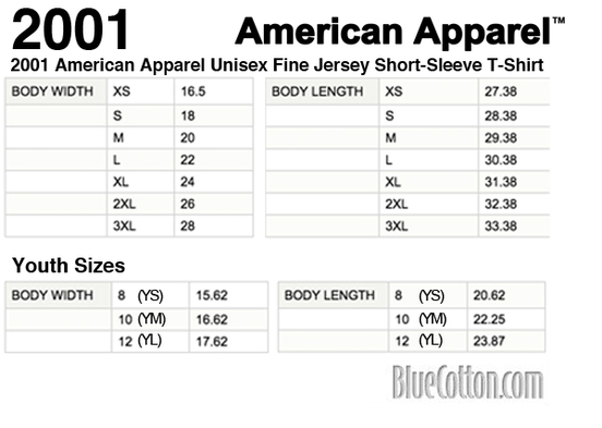 Size chart for a 2001 American Apparel Fine Jersey Tee