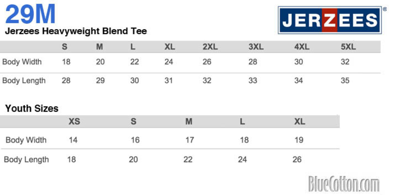 Size chart for a 29M Jerzees Heavyweight Blend Tee