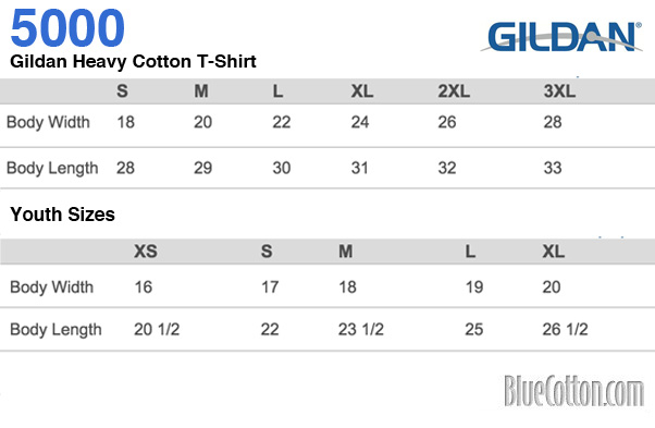Size chart for a 5000 Gildan Heavy Cotton T-Shirt