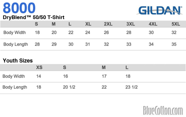 Size chart for a 8000 Gildan DryBlend 50/50 Tee