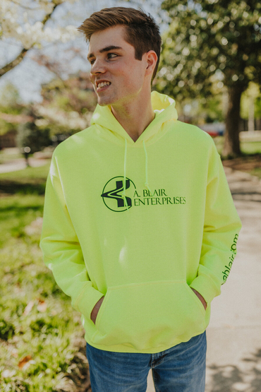 Customer wearing a 18500 Gildan Blend Pullover Hooded Sweatshirt