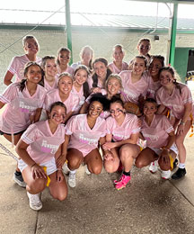 Group shot depicitng serval people wearing custom apparel