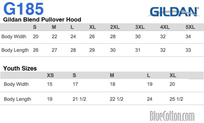 Size chart for a 18500 Gildan Blend Pullover Hooded Sweatshirt