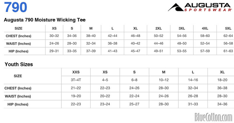 Size chart for a Augusta 790 Moisture Wicking Tee