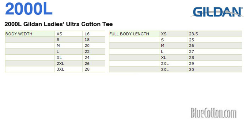 Size chart for a 2000L Gildan Ladies' Ultra Cotton Tee