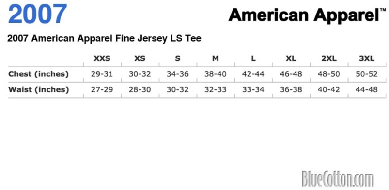 Size chart for a 2007 American Apparel Fine Jersey LS Tee