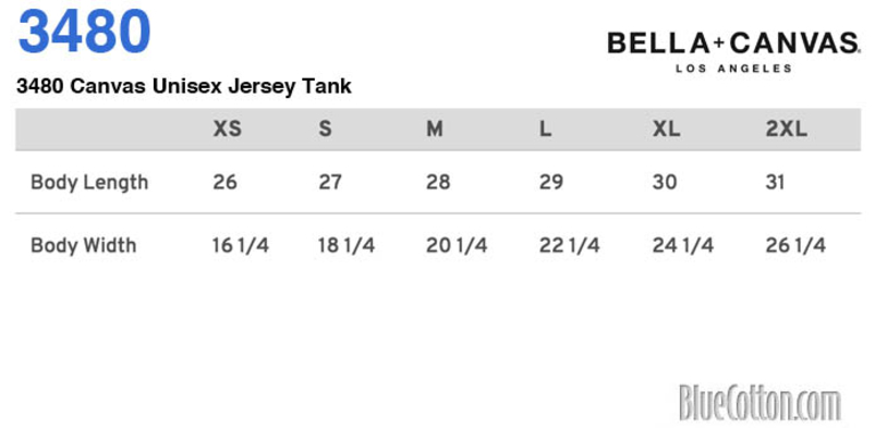 Size chart for a 3480 Bella + Canvas Unisex Jersey Tank