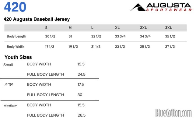 Size chart for a 4420 Augusta Baseball Jersey