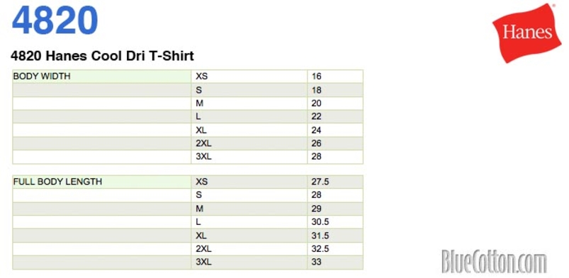 Size chart for a 4820 Hanes Cool Dri T-Shirt