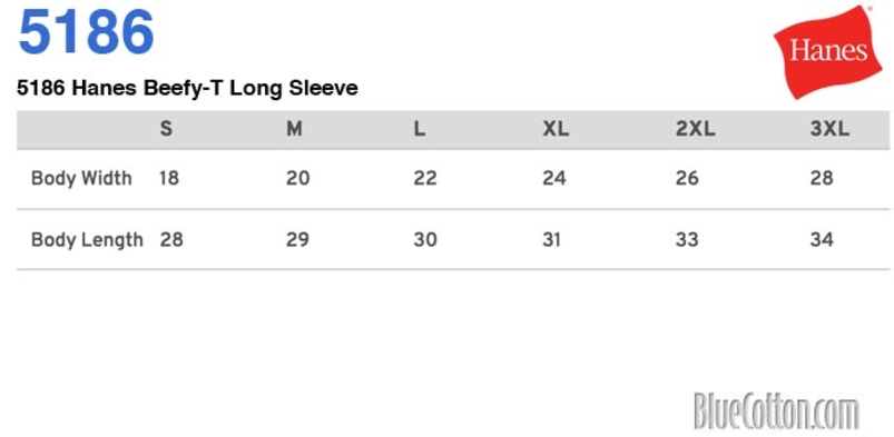 Size chart for a 5186 Hanes Beefy-T Long Sleeve