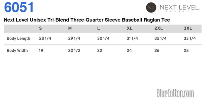 Size chart for a 6051 Next Level Unisex Tri-Blend Three-Quarter Sleeve Baseball Raglan Tee