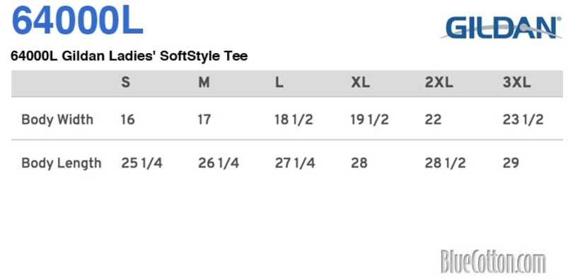 Size chart for a 64000L Gildan Ladies' SoftStyle Tee