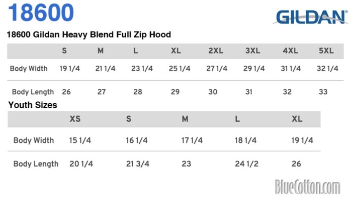 Size chart for a 18600 Gildan Heavy Blend Full Zip Hood