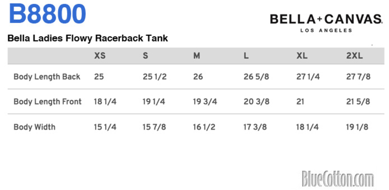 Size chart for a B8800 Bella + Canvas Ladies Flowy Racerback Tank