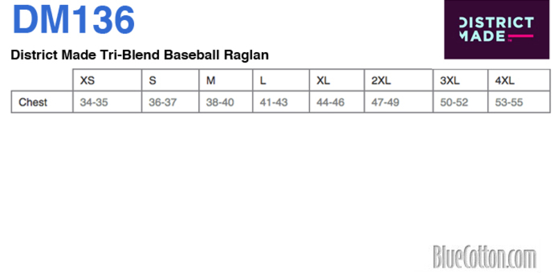 Size chart for a DM136 District Tri-Blend Baseball Raglan
