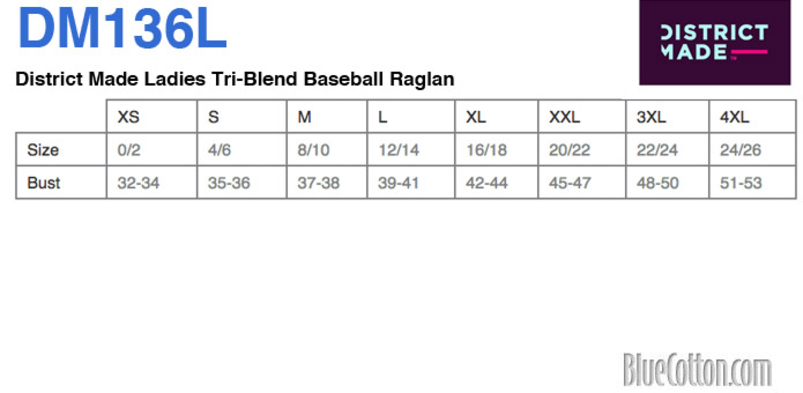 Size chart for a DM136L District Ladies Tri-Blend Baseball Raglan