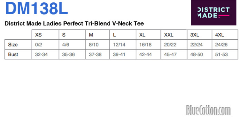 Size chart for a DM138L District Ladies Perfect Tri-Blend Racerback Tank