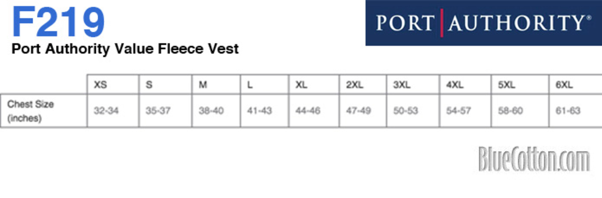 Size chart for a F219 Port Authority Value Fleece Vest