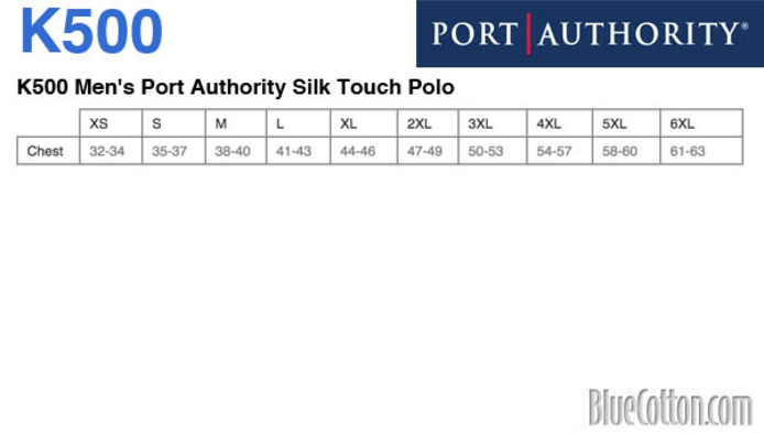 Size chart for a K500 Men's Port Authority Silk Touch Polo