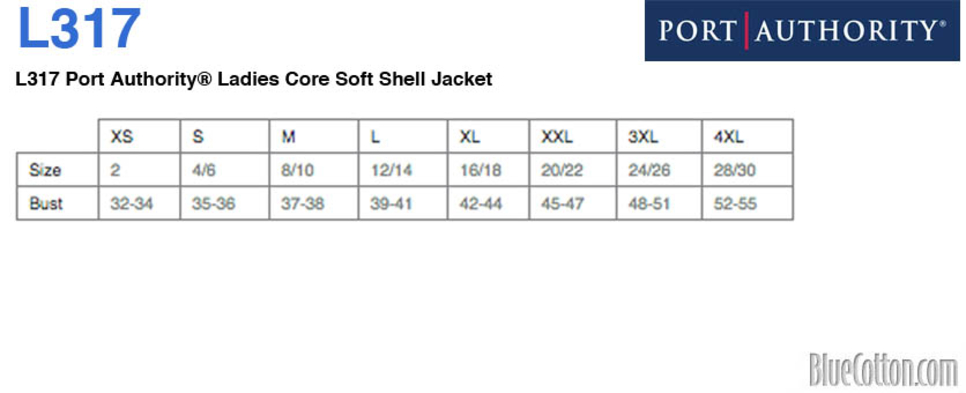 Size chart for a L317 Port Authority Ladies Core Soft Shell Jacket