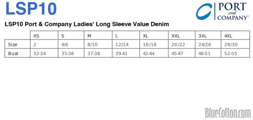 Size chart for a LSP10 Port & Company Ladies Long Sleeve Value Denim