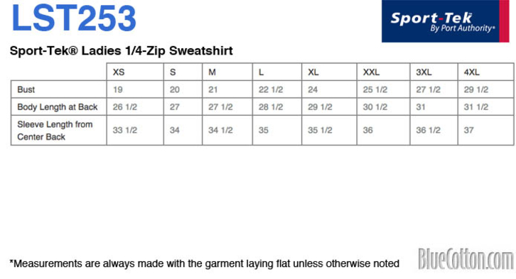 Size chart for a LST253 Sport-Tek Ladies 1/4-Zip Sweatshirt