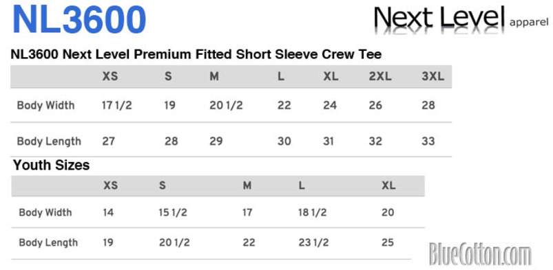 Size chart for a NL3600 Next Level Premium Fitted Short Sleeve Crew Tee