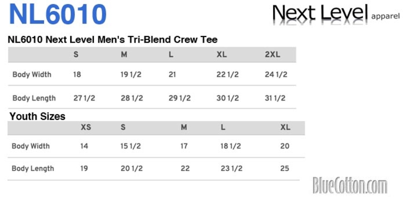 Size chart for a NL6010 Next Level Unisex Tri-Blend Crew Tee