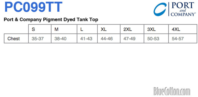 Size chart for a PC099TT Port & Company Pigment Dyed Tank Top