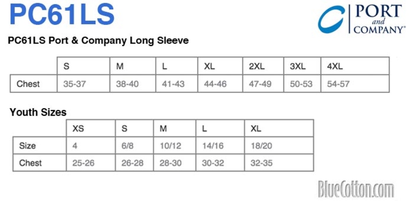 Size chart for a PC61LS Port & Company Long Sleeve