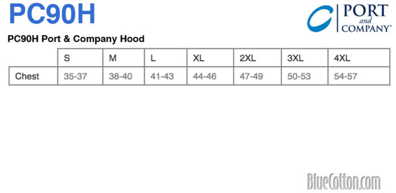 Size chart for a PC90H Port & Company Essential Fleece Pullover Hooded Sweatshirt