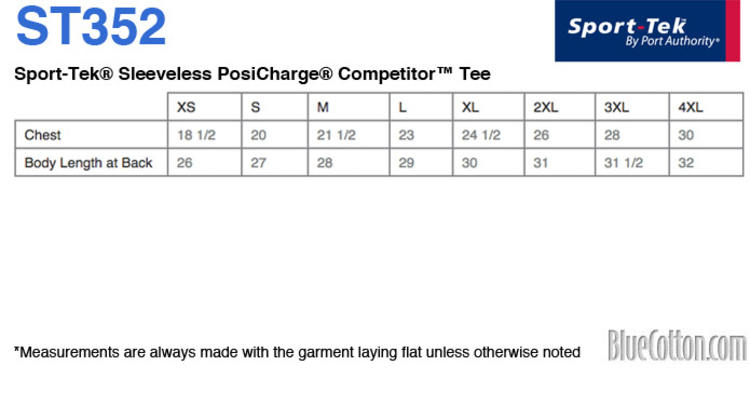 Size chart for a ST352 Sport-Tek Sleeveless PosiCharge Competitor Tee
