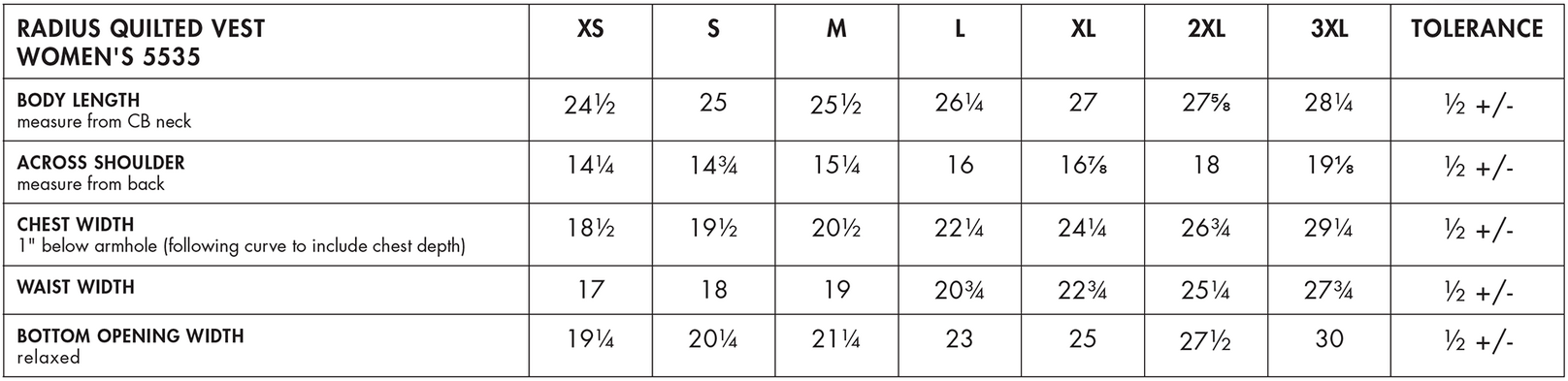 Size chart for a 5535 Charles River Women's Radius Quilted Vest