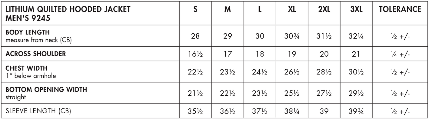 Size chart for a 9245 Charles River Men's Lithium Quilted Hooded Jacket