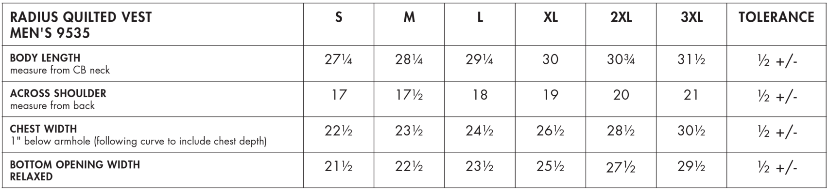 Size chart for a 9535 Charles River Men's Radius Quilted Vest