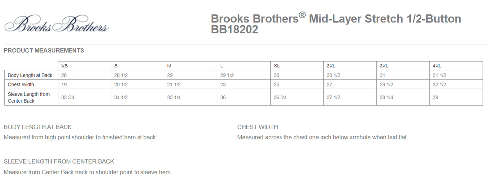 Size chart for a BB18202 Brooks Brothers® Mid-Layer Stretch 1/2-Button