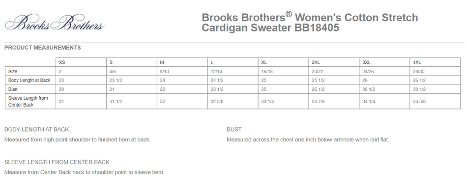 Size chart for a BB18405 Brooks Brothers® Women’s Cotton Stretch Cardigan Sweater