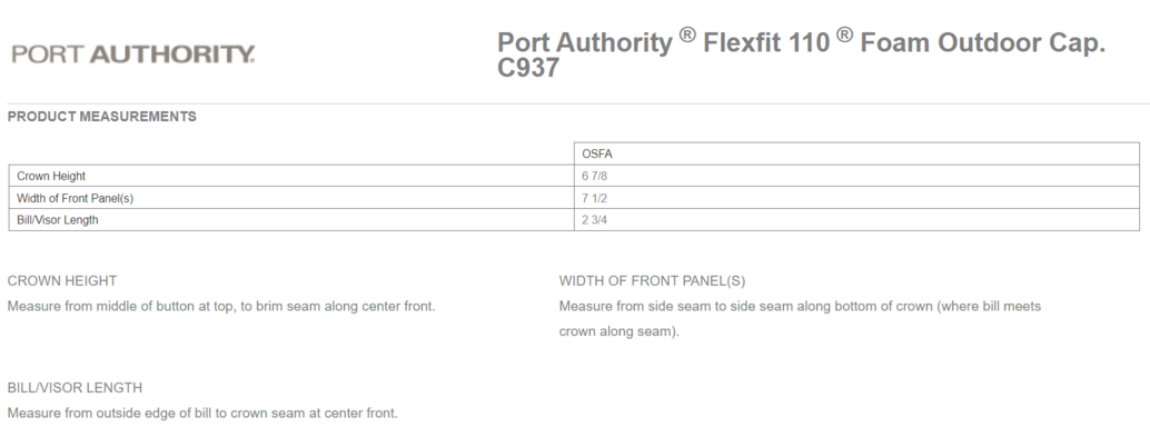 Size chart for a C937 Port Authority Flexfit 110 Foam Outdoor Cap