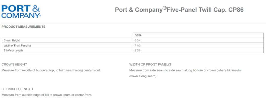 Size chart for a CP86 Port & Company Five-Panel Twill Cap
