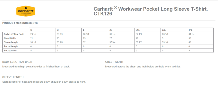 Size chart for a CTK126 Carhartt Workwear Pocket Long Sleeve T-Shirt