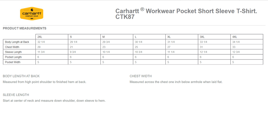 Size chart for a CTK87 Carhartt Workwear Pocket Short Sleeve T-Shirt