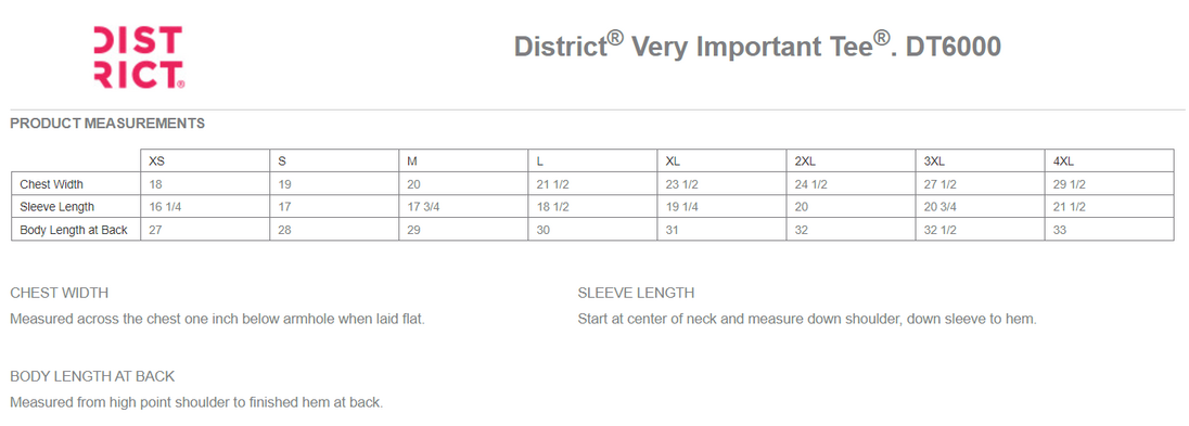 Size chart for a DT6000 District Very Important Tee