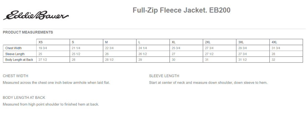Size chart for a EB200 Eddie Bauer Full-Zip Fleece Jacket