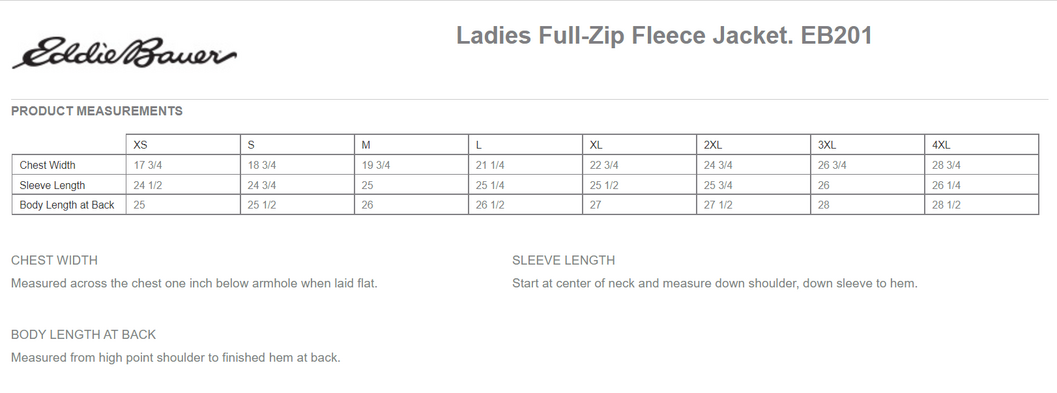 Size chart for a EB201 Eddie Bauer Ladies Full-Zip Fleece Jacket