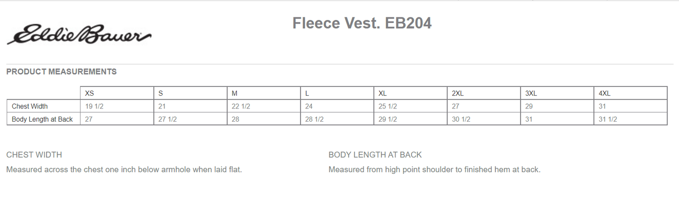 Size chart for a EB204 Eddie Bauer Fleece Vest