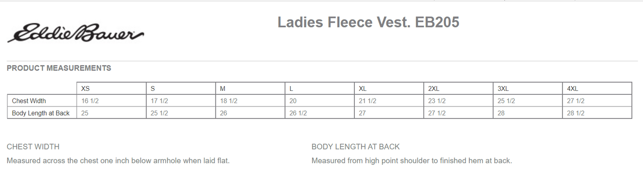 Size chart for a EB205 Eddie Bauer Ladies Fleece Vest