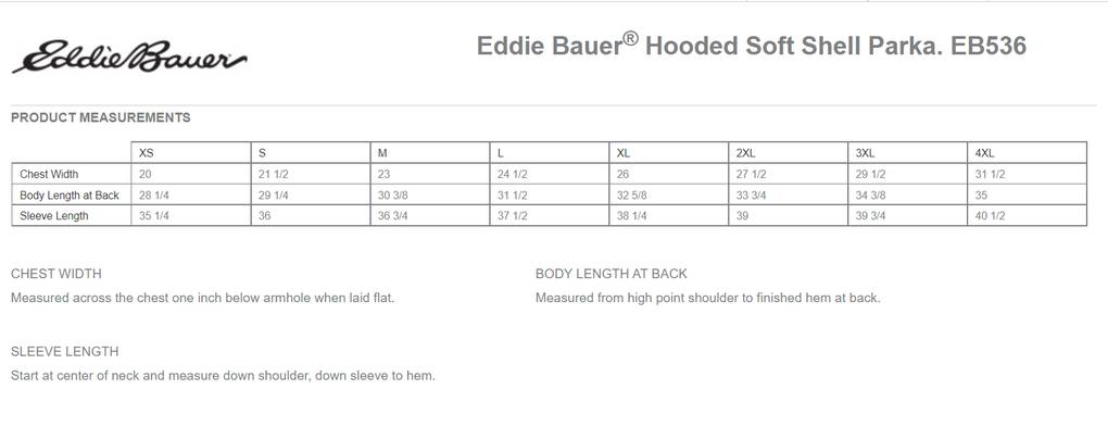 Size chart for a EB536 Eddie Bauer Hooded Soft Shell Parka