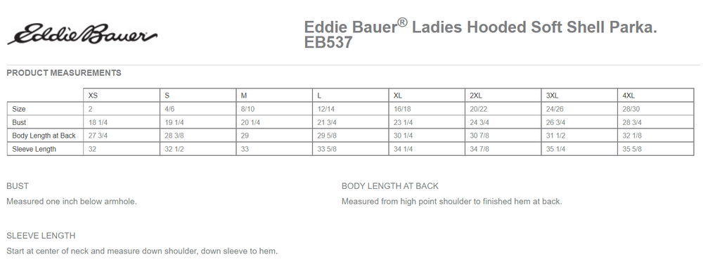 Size chart for a EB537 Eddie Bauer Ladies Hooded Soft Shell Parka