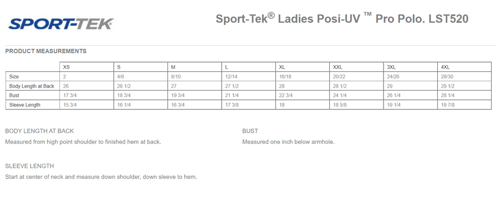 Size chart for a LST520 Sport-Tek Ladies Posi-UV Pro Polo